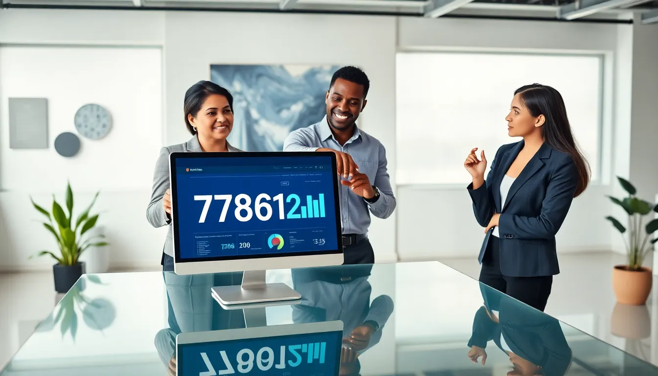 diverse professionals discussing data related to 778612100 in a modern office.