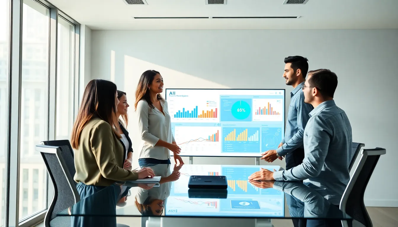 diverse professionals discussing data analytics in a modern office.