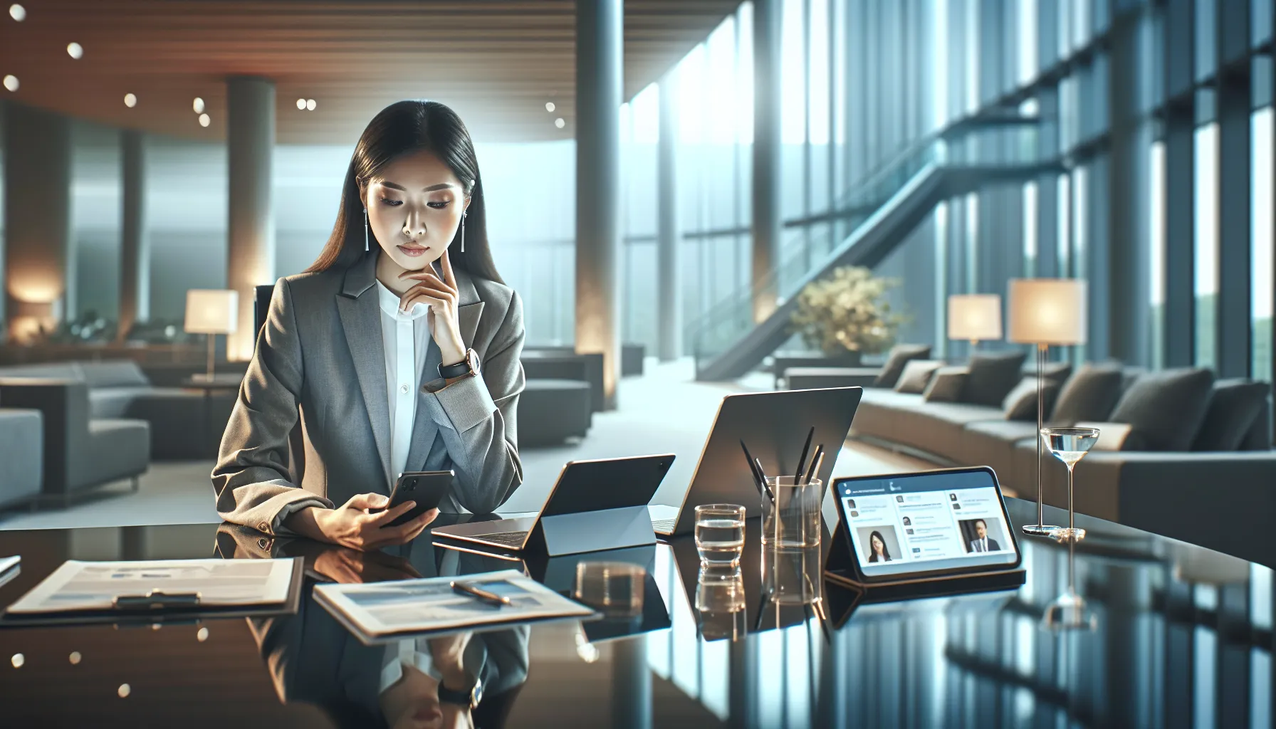 A professional verifying a call in a modern office setting.